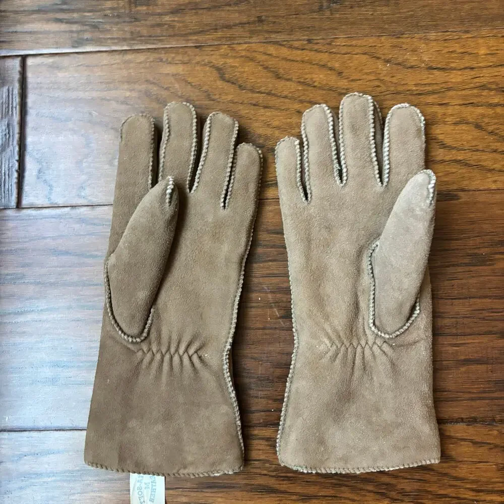 Vintage Sta-Soft Tan Suede Leather Gloves Women’s M Nu-Lamb Fleece Lined Warm‎